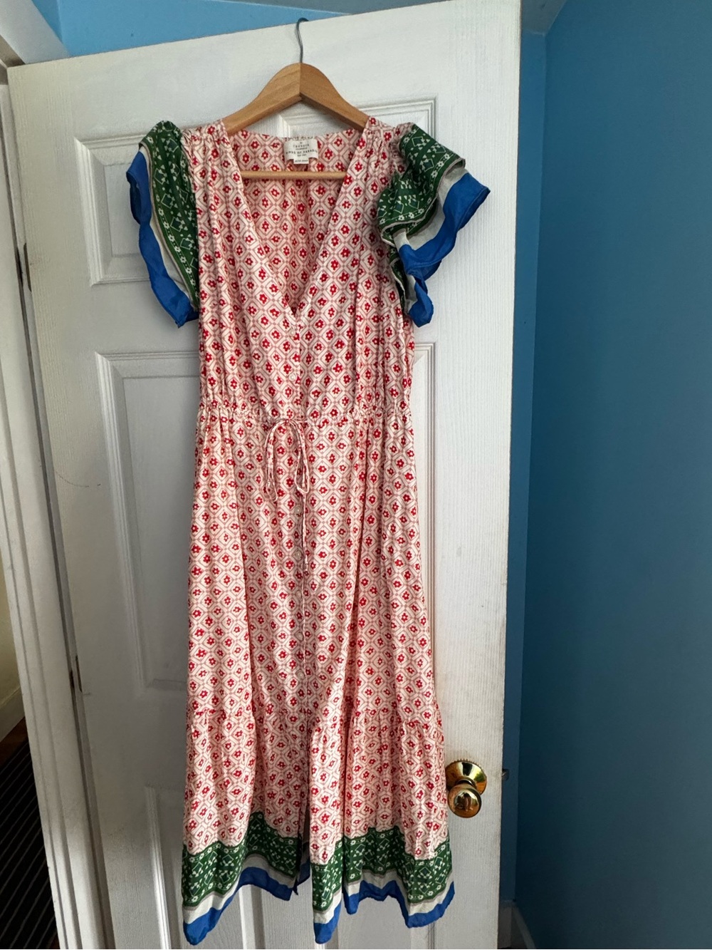 Trovata Red + White Printed Maxi Dress w/ Green + Blue Trim. Comfortable.pockets